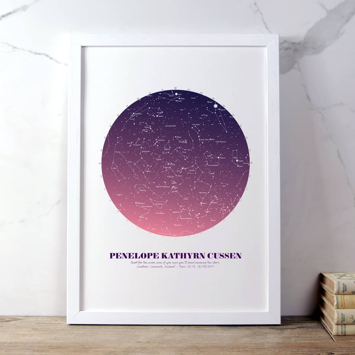 Personalised Star Map Gift Pink on White in white frame