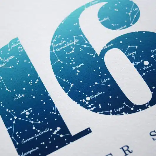 Close up of Birthday Gift Print Number 16 in Blue