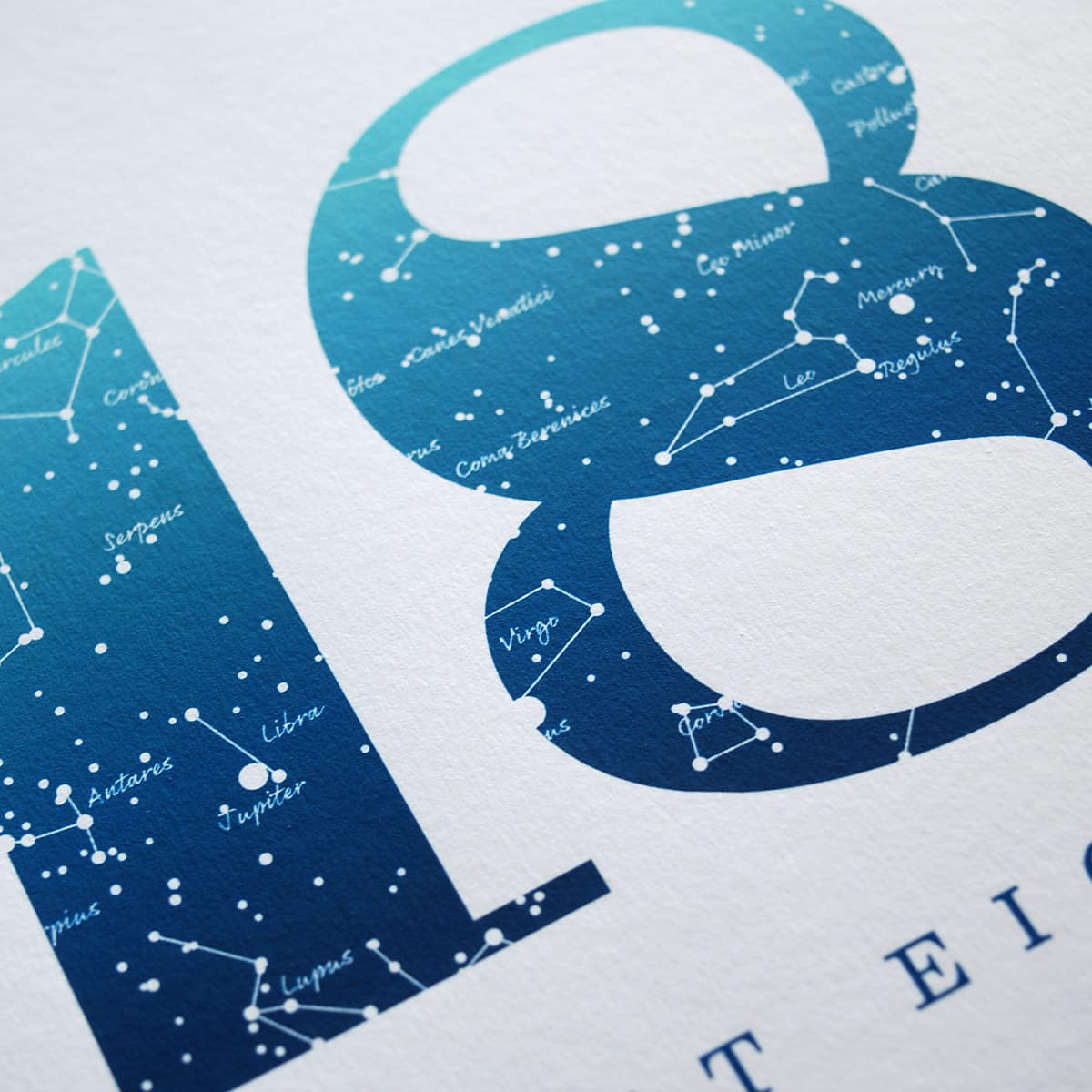 Close up of Birthday Gift Print Number 18 in Blue