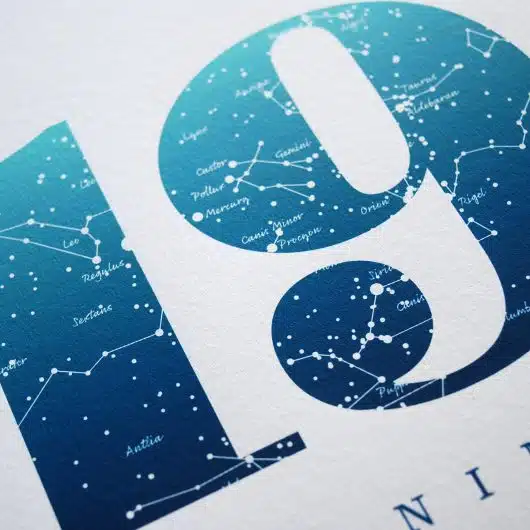 Close up of Birthday Gift Print Number 19 in Blue