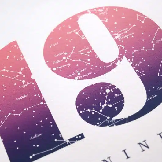 Close up of Birthday Gift Print Number 19 in Pink