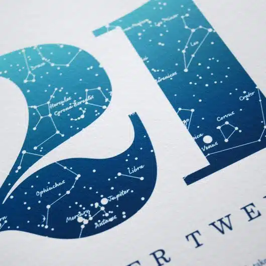 Close up of Birthday Gift Print Number 21 in Blue