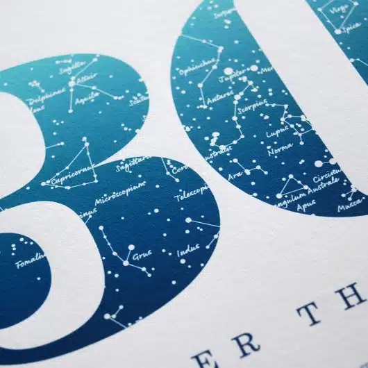Close up of Birthday Gift Print Number 30 in Blue