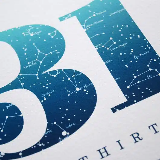 Close up of Birthday Gift Print Number 31 in Blue