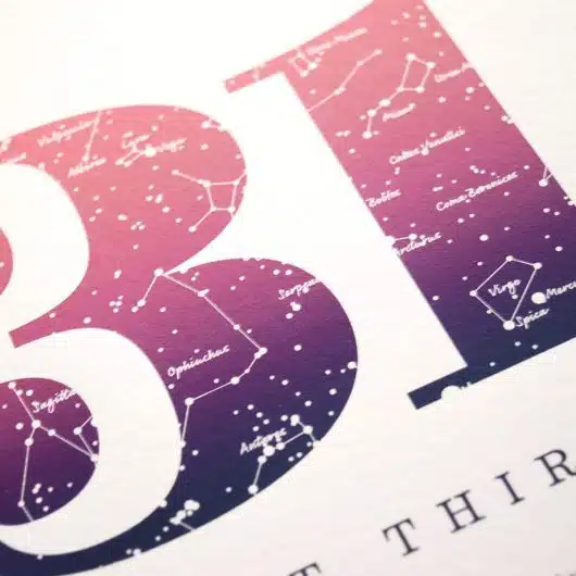 Close up of Birthday Gift Print Number 31 in pink