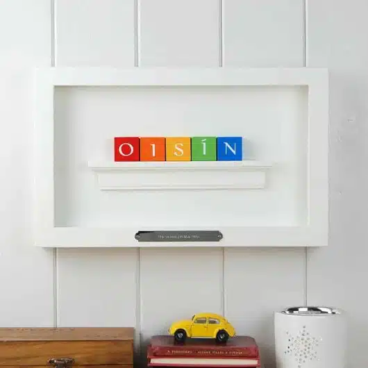 Close up of Christening Gift for boy ABC Frame Irish Letters