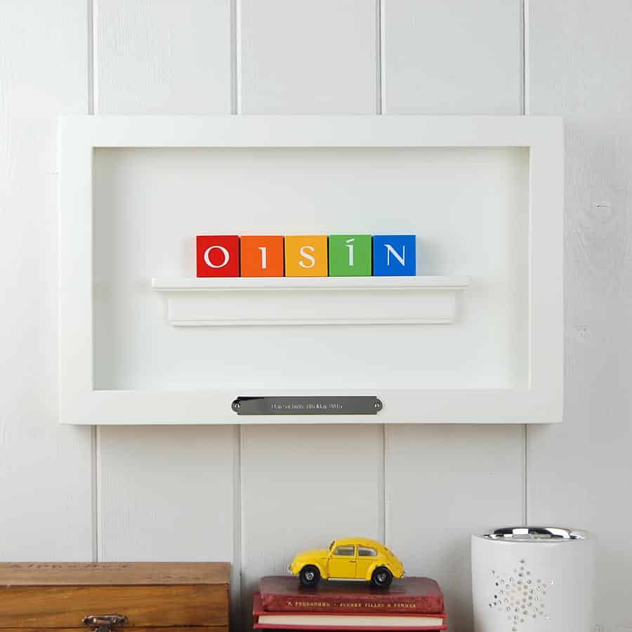 Close up of Christening Gift for boy ABC Frame Irish Letters