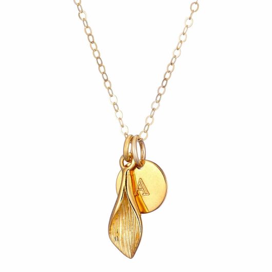 Gold Lily and Initial disc Necklace
