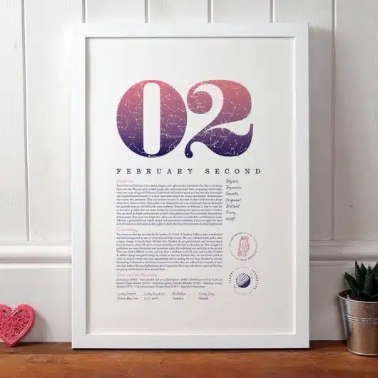 Personalised Gift for Her Birthday Print of February 2 in Pink