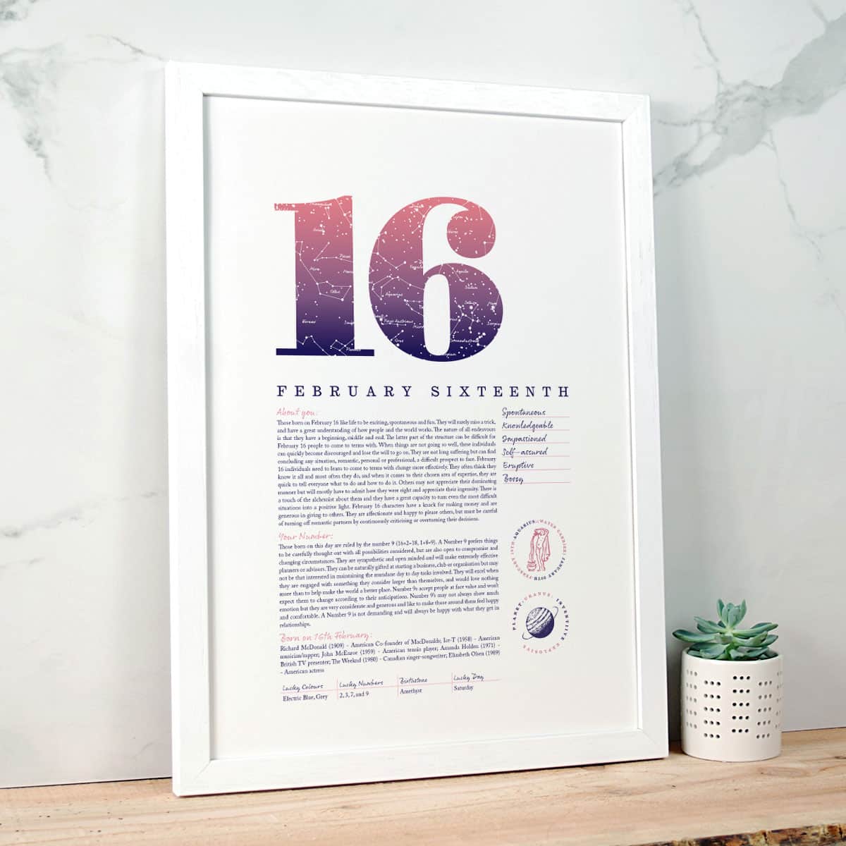 Personalised Gift for Her Birthday Print of February 16 in Pink