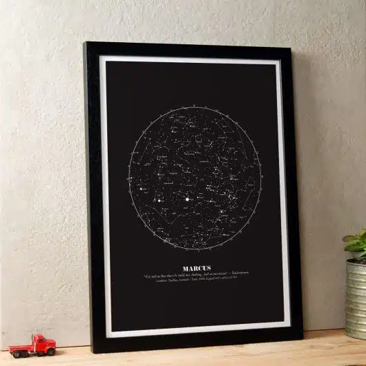 Personalised Star Map gift print in Black in black timber frame
