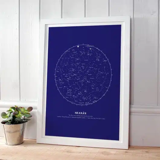 Navy Personalised Star Map Gift in white frame