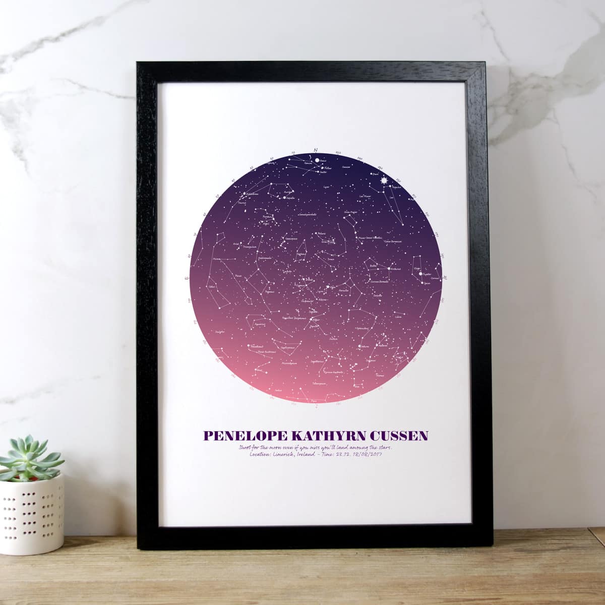 Personalised Star Map Gift Pink on White in black frame