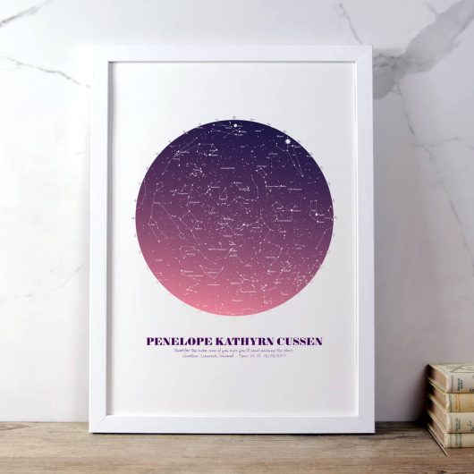 Personalised Star Map Gift Pink on White in white frame